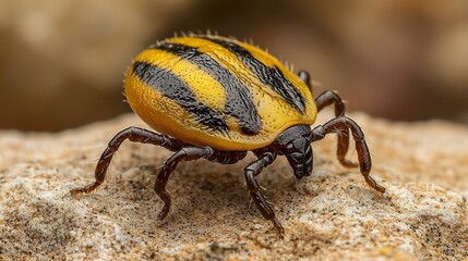 Closeup of a yellow and black beetle on a rock in nature