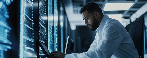 muslim developer at work: muslim guy working on ai and code on a computer, representing professional