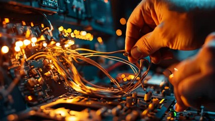 Poster - A man is working on a computer with a lot of wires and lights