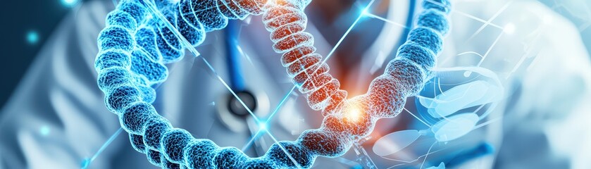 Poster - a doctor analyzes a holographic dna strand visualization in a high-tech lab setting.