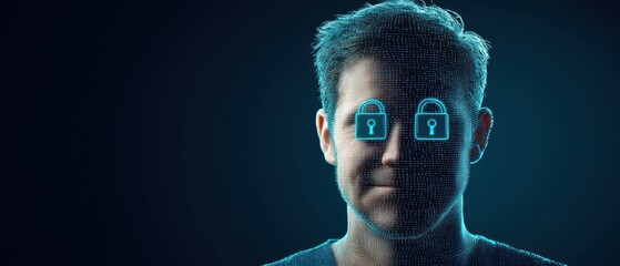 Poster - A person with lock icons on their eyes, symbolizing digital security and privacy, against a dark background.
