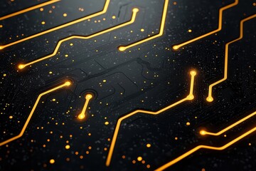 Poster - Abstract circuit board design with glowing lines and particles on a dark background.