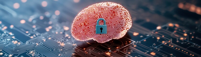 Poster - Brain with padlock symbolizing cybersecurity on digital circuit background.