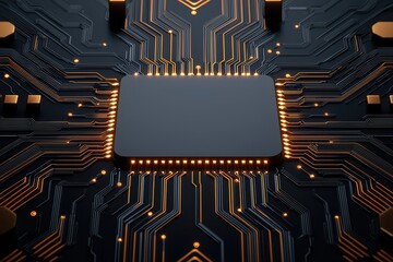 Poster - Close-up of a microchip on a circuit board, glowing lines on a dark background.