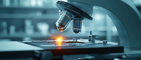 Poster - close-up of a microscope capturing a spark of light on a laboratory slide.