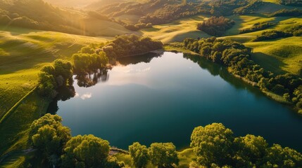 Sticker - Aerial View of a Lake in a Green Valley