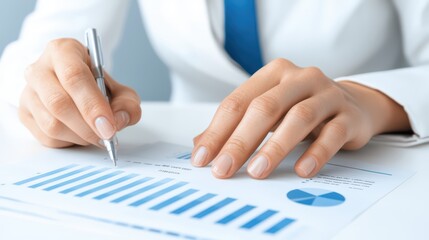 Poster - Close-up of hands analyzing graphs and charts with a pen on a document in a professional setting.