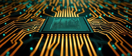 Poster - Close-up view of a microchip on a circuit board with glowing connections, showcasing modern technology.
