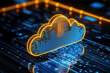 Poster - Digital cloud icon on circuit board backdrop, representing data storage and connectivity in modern technology.