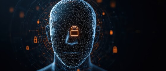 Poster - Digital representation of a secure human face with padlock symbolizing cybersecurity and data protection.