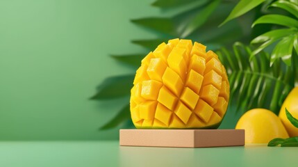 Fresh mango on a wooden base with vibrant green background and tropical leaves.