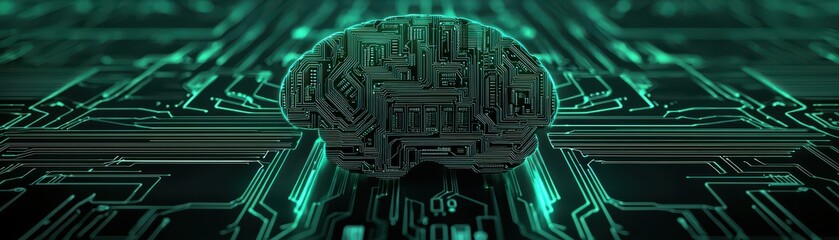 Poster - Futuristic brain with circuit patterns, glowing in green tones, representing artificial intelligence and technology.