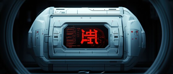 Poster - Futuristic capsule with red display, set against a dark background.