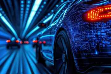 Poster - Futuristic car with glowing circuits, speeding through a neon tunnel.