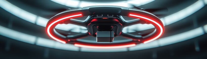 Poster - Futuristic drone with glowing red lights, hovering in a high-tech environment.