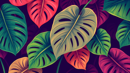 monstera leaves illustration colorful, background