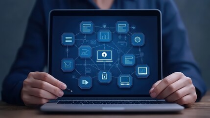 Poster - Hands holding a laptop showcasing digital security icons on the screen, modern technology concept.