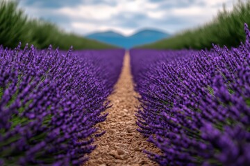 Lavender fields stretch toward distant mountains under a blue sky, creating a serene and vibrant landscape.