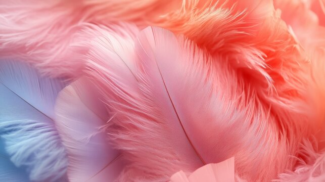 Close-up of colorful feathers on a pink background with copy space