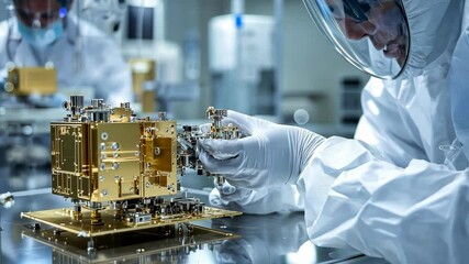 Poster - A man in a white lab coat is working on a piece of equipment