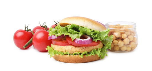 Poster - Delicious vegetarian burger with chickpea cutlet and ingredients isolated on white