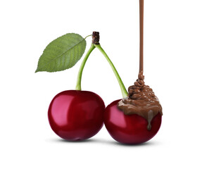 Canvas Print - Chocolate pouring onto cherries on white background