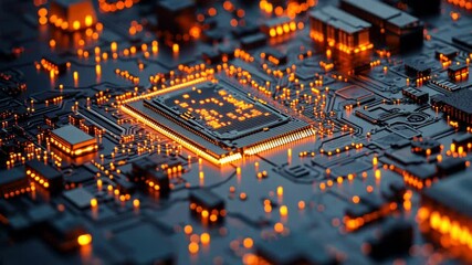 Poster - A computer chip is lit up in a dark background