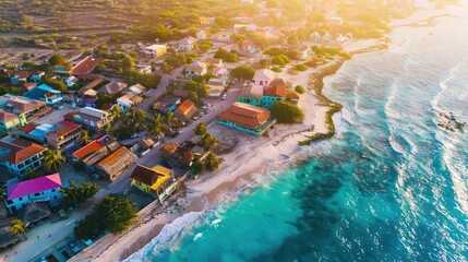 Poster - Aerial View of a Coastal Town with Turquoise Water