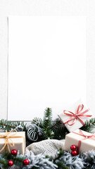 Poster - white card with evergreen branches red ornaments wrapped gifts