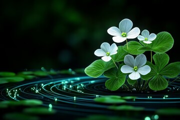 Poster - A futuristic digital rendering of Oxalis Tetraphylla (Four-leaf Sorrel) rotating in a virtual space, with realistic textures and soft lighting