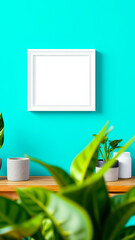 Sticker - white frame on turquoise wall with planters