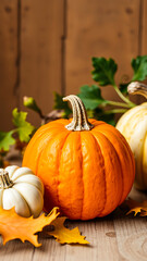 Wall Mural - three pumpkins resting on a wooden surface