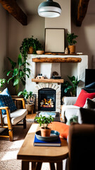 Canvas Print - cozy living room with a fireplace greenery