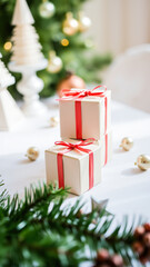 Sticker - white boxes tied with red ribbons create a festive holiday table setting