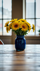 Sticker - bouquet yellow flowers a blue vase on a wooden table