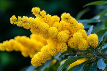 Aufkleber - Acacia flowers glowing in the warm evening light, their bright yellow blooms standing out against the deepening sky