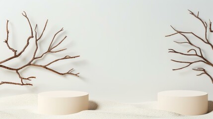 Canvas Print - A minimalistic scene featuring round beige podiums on white sand, accentuated by dry twigs and bent plants, ideal for product display.