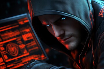Aufkleber - Black hat hacking, shown in a hyper-realistic scene, with every detail of the hackerâ€™s setup, from glowing monitors to the reflections of encrypted data on their face