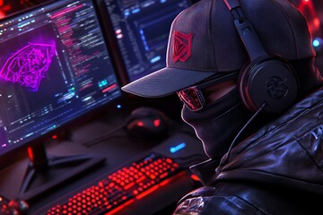Aufkleber - Black hat hacking, shown in a hyper-realistic scene, with every detail of the hackerâ€™s setup, from glowing monitors to the reflections of encrypted data on their face
