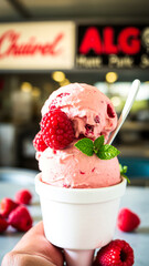 Canvas Print - cup pink raspberry ice cream topped with fresh mint leaves