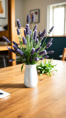 Wall Mural - lavender flowers a white vase on a wooden table