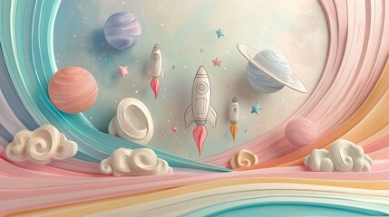Wall Mural - Whimsical 3D illustration of rockets flying through a pastel space with planets and stars.