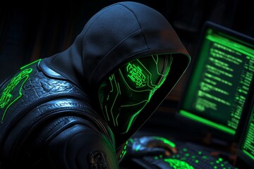 Poster - Hacker, depicted in a gothic style, accessing dark web data through ancient-looking computer terminals, with shadows and glowing screens