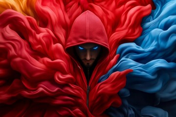 Aufkleber - Hacker, depicted in watercolor, surrounded by abstract flowing colors representing digital data, encryption, and code