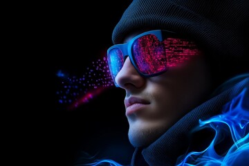 Aufkleber - Hacker, depicted in watercolor, surrounded by abstract flowing colors representing digital data, encryption, and code