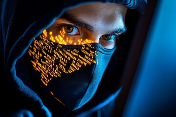 Fototapete - Hacker, wearing a black hoodie, accessing sensitive data through a computer screen, with lines of code reflected on their face