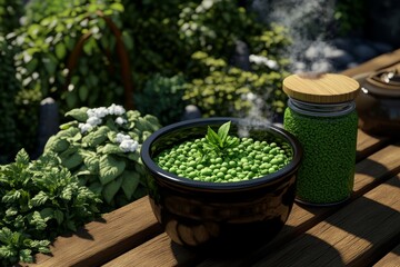 Poster - Herbal nutrition, visualized in pixel art style, showing pixelated herbs like mint, parsley, and chamomile being turned into potions and teas in a retro game world