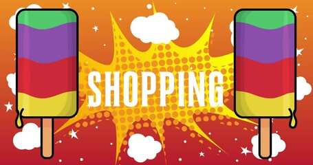 Poster - Ice Cream with Shopping text. Colorful animated summer sweet food cartoon. 4k resolution animation, moving image.