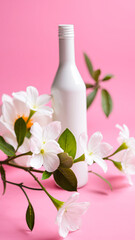 Canvas Print - white bottle with delicate white blossoms on a pink background