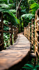 Poster - narrow wooden walkway through a lush green jungle